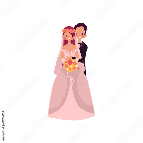 vector groom and bride newlywed couple holding and hugging each other flat cartoon illustration isolated on a white background. Wedding concept character design