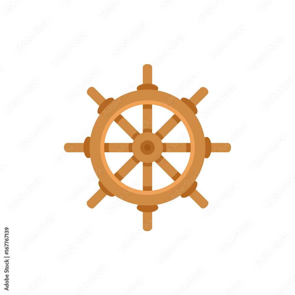 Ship, sailboat steering wheel, flat cartoon vector illustration isolated on white background. Flat cartoon vector illustration of traditional wooden ship, sailboat steering wheel