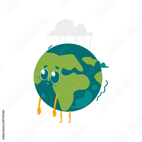 Vector cartoon flat globe sad, upset humanized character with eyes, arms and legs. Expressive emotional illustration isolated on a white background. Save the planet concept