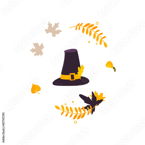 Cartoon black and yellow pilgrim hat and fall, autumn leaves, Thanksgiving decoration element, vector illustration isolated on white background. Cartoon pilgrim hat and fall, autumn leaves