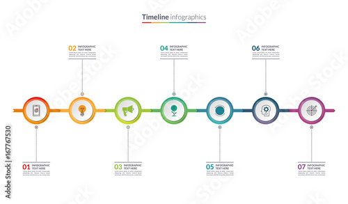 Timeline infographic concept with 7 options. Can be used for workflow layout, diagram, chart, report, presentation, web design