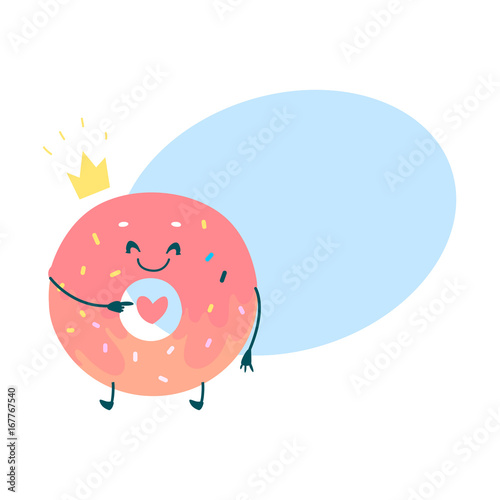 Vector sweet humanized pink donut character with arms and legs. Flat cartoon isolated illustration on a white background with speech bubble