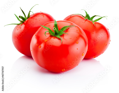 Three juicy red tomatoes isolated on white background