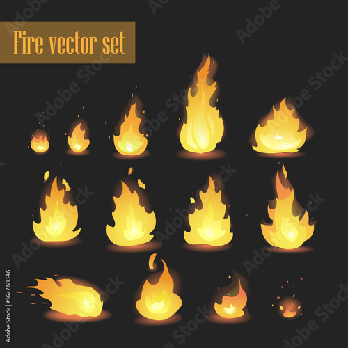 Big Vector set of different stages of fire - a small fire with sparks, blazing bright fire, dying fire, smoke. Video game, mobile application