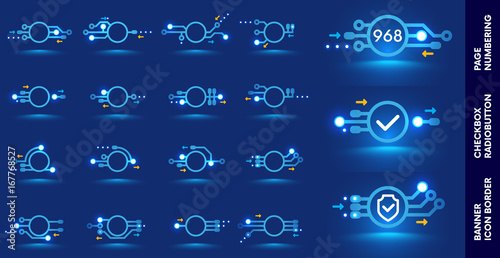 Page number designation, checkbox, bullet or round frames for design brochures, booklets, pamphlets or web pages about technology, electronics, engineering. PCB. printing circuit board.