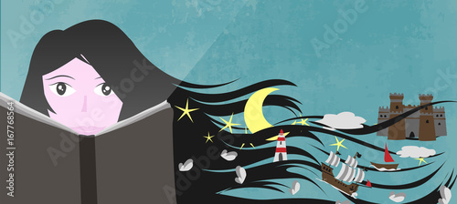 A girl read a book and her imagination and fantasy create a magic world - Vector illustration
