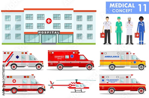 Medical concept. Detailed illustration of hospital building, ambulance cars helicopter, emergency doctor and medical people in flat style on white background. Practitioner doctors man and woman.
