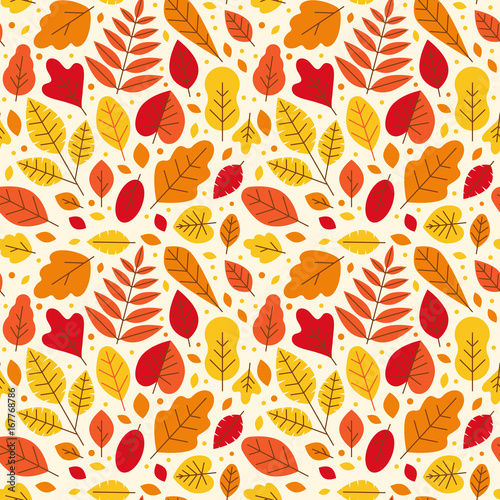 Vector seamless pattern in simple clean modern flat linear style with bright autumn leaves