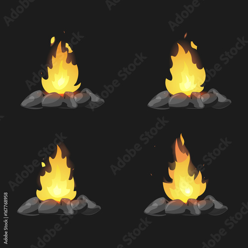 Set of cartoon Bonfires with stones on black background isolated vector illustration. Camping fire evolution