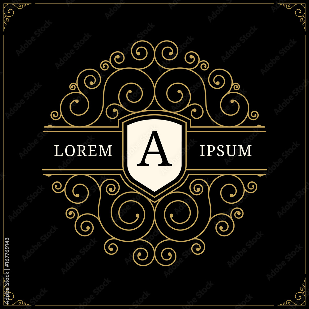 Luxury logo in vintage style. Line art retro monogram, insignia, emblem, logotype, label with elegant floral ornamental design elements. Vector illustration