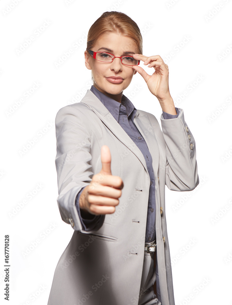 Happy smiling business woman with thumbs up gesture Happy smiling business woman with thumbs up gesture