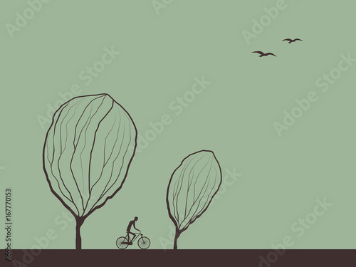 Autumn landscape hand drawn vector illustration with cyclist on bike trail between trees.
