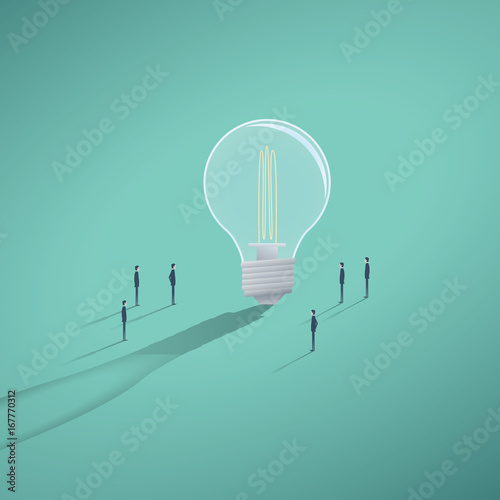 Vector concept of creative team having a brainstorming or workin on solution, idea. Giant lightbulb with tiny businessman standing around.