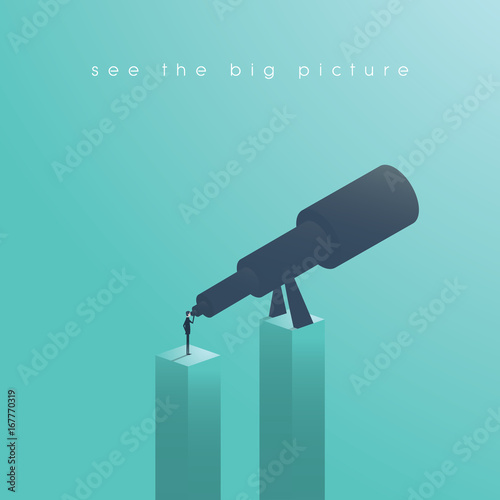 Vision concept in business with vector icon of businessman and telescope, monocular. See the big picture. Symbol leadership, strategy, mission, objectives.