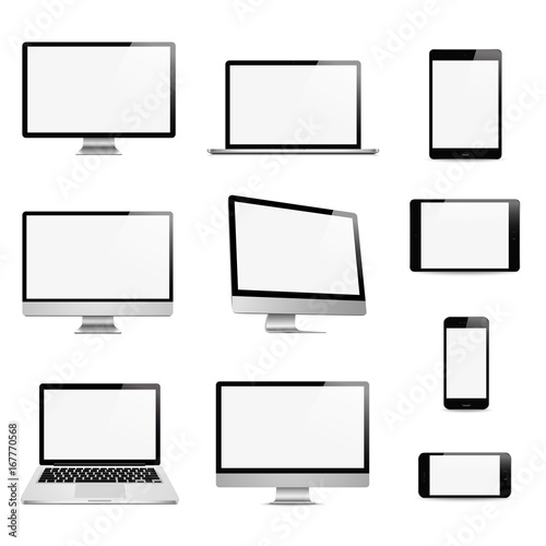 Realistic set computer, laptop, tablet, phone on a white background. Vector image