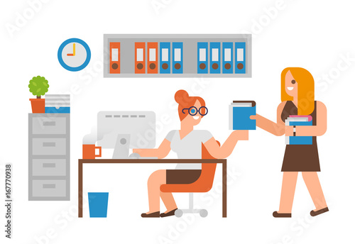 Flat design illustration business people working in an office.