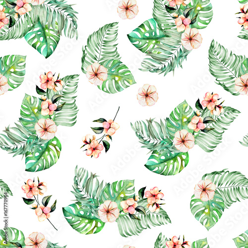 Seamless pattern with watercolor palm and monstera leaves, exotic pink flowers, hand painted on a white background
