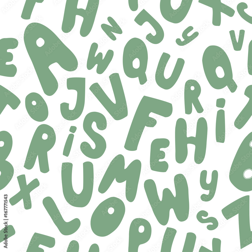 Seamless pattern with green cartoon letters on white background.