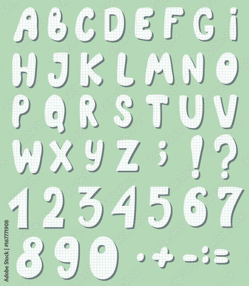 Cute letters and numbers are cut out checkered paper. Vector