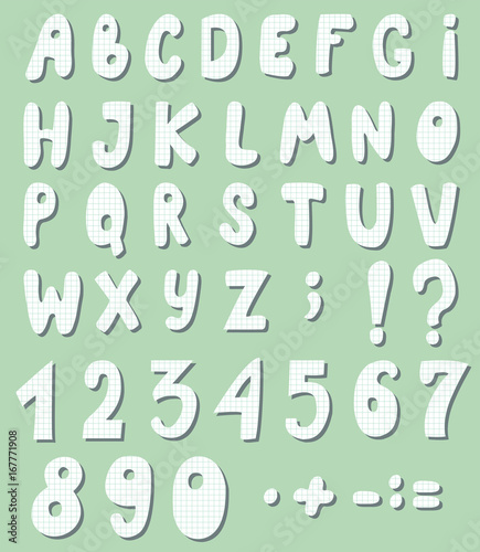 Cute letters and numbers are cut out checkered paper. Vector
