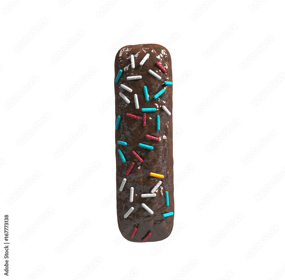Chocolate Cake Donut Font with colorful sprinkles. Delicious Letter I. 3d rendering isolated on white background
