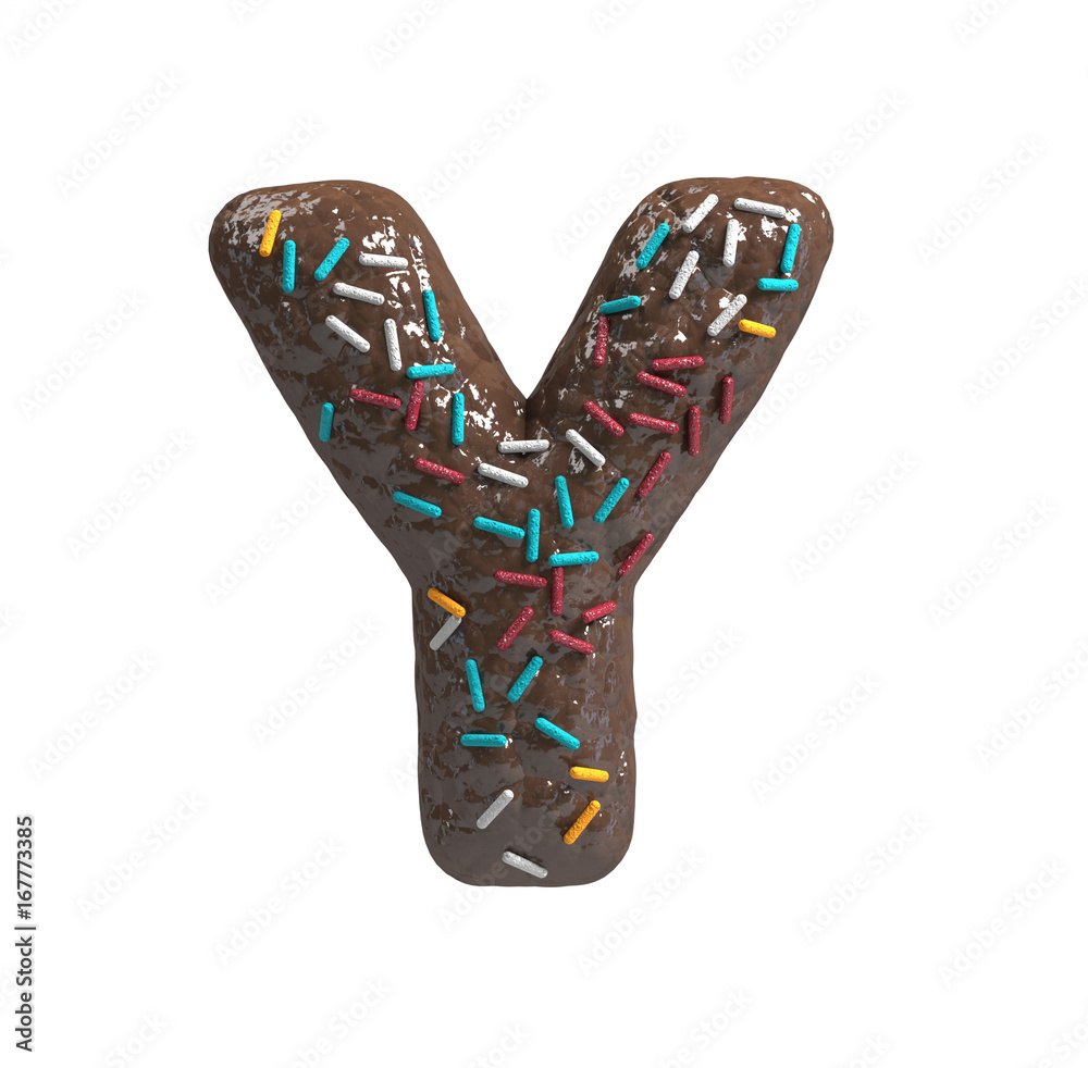 Chocolate Cake Donut Font with colorful sprinkles. Delicious Letter Y. 3d rendering isolated on white background
