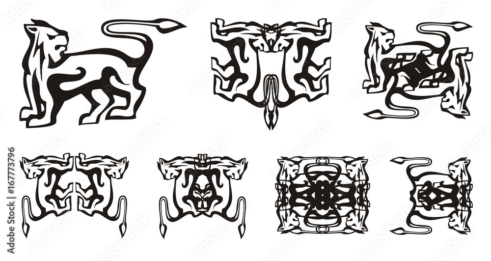 Tribal dog symbols. Decorative stylized dog symbols in the form of a lion, double dog symbols in black-and-white tones