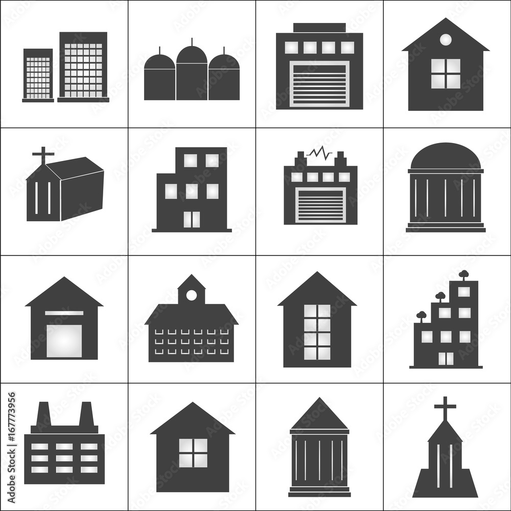 Buildings, church, electrical station, school icons set