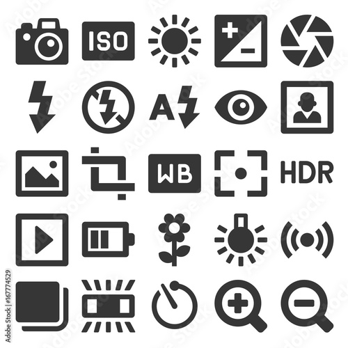 Photography Icons Set on White Background. Vector