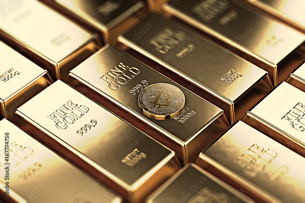 Bitcoin laying on stacked gold bars (gold ingots) rendered with shallow depth of field. Bitcoin as desirable as gold concept. 3D rendering Bitcoin laying on stacked gold bars (gold ingots) rendered with shallow depth of field. Bitcoin as desirable as gold concept. 3D rendering