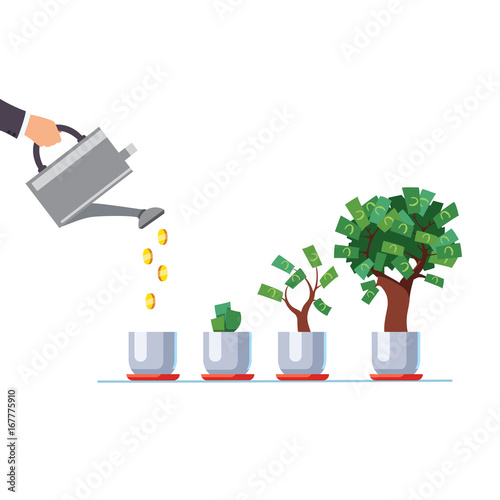 Hand with watering can pouring golden coins money