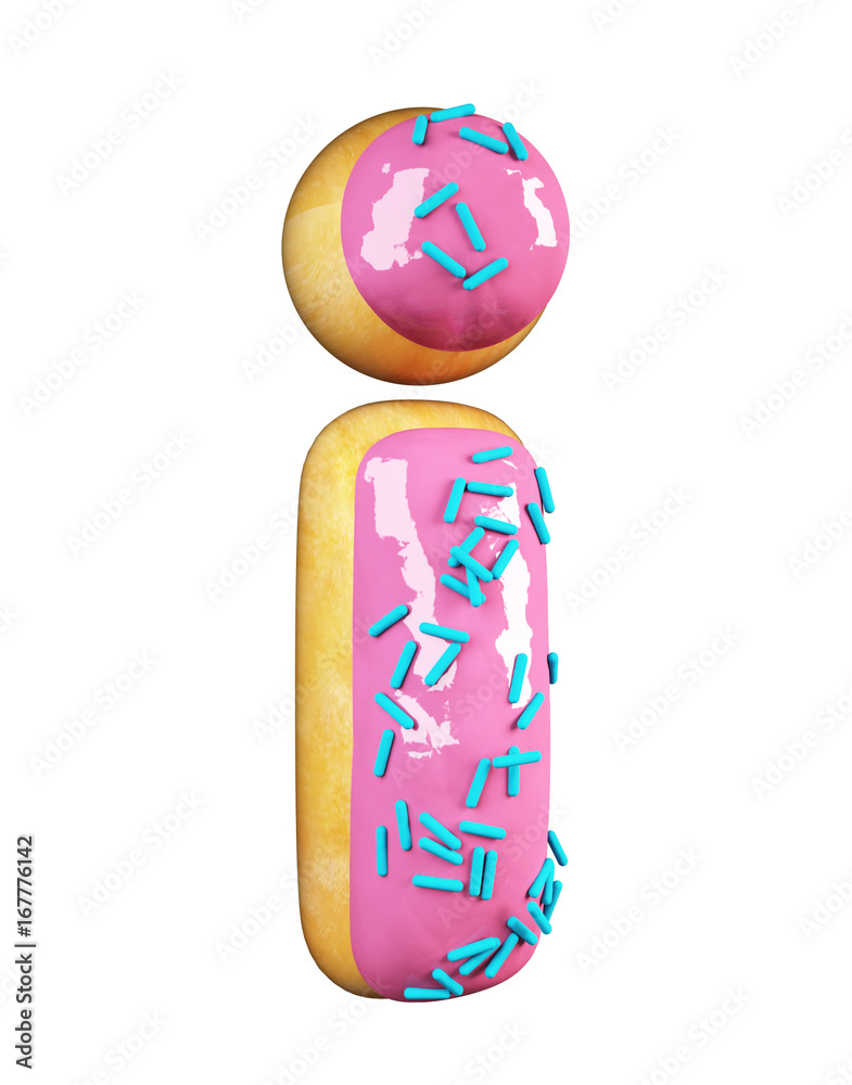 Rose Glazed Donut Font Concept with blue sprinkles. Delicious Letter I. 3d rendering isolated on white background Rose Glazed Donut Font Concept with blue sprinkles. Delicious Letter I. 3d rendering isolated on white background