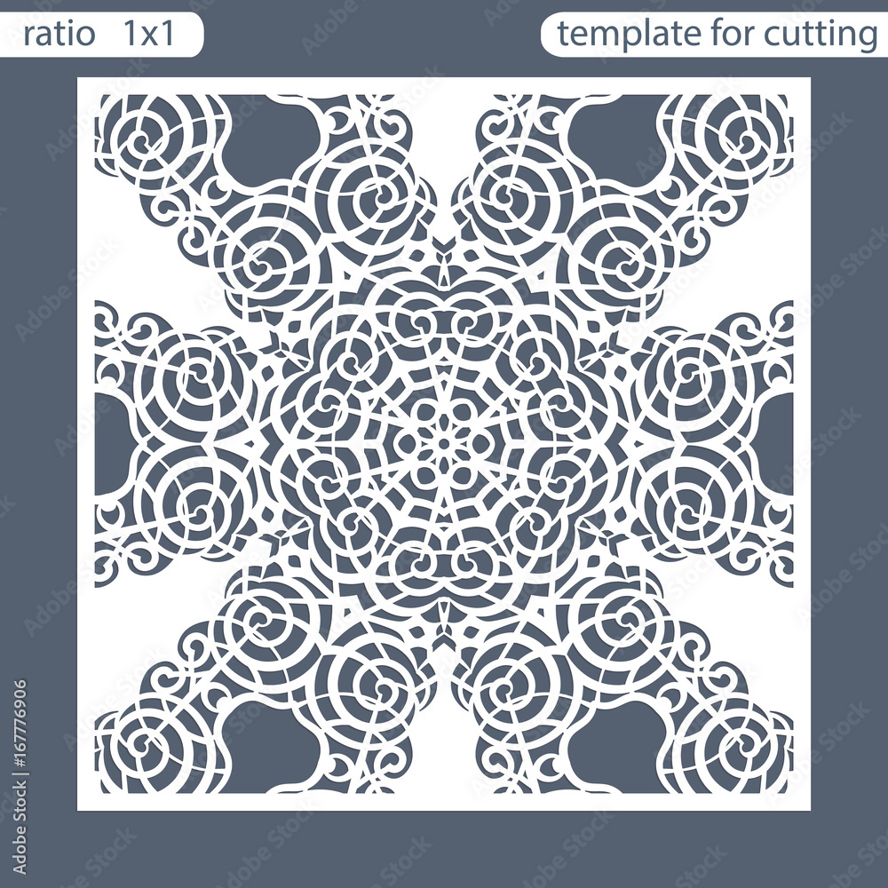 Template square greeting cards laser cut. Suitable for wedding invitations. Template greeting card for cutting plotter. Abstract round pattern. Vector illustrations. Template square greeting cards laser cut. Suitable for wedding invitations. Template greeting card for cutting plotter. Abstract round pattern. Vector illustrations.