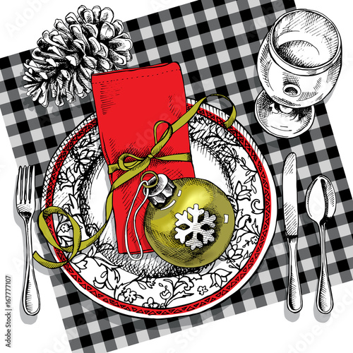 Christmas table setting. Toy ball, pine cone, plate, fork, spoon, knife, wine glass, napkin and ribbon. Vector illustration.