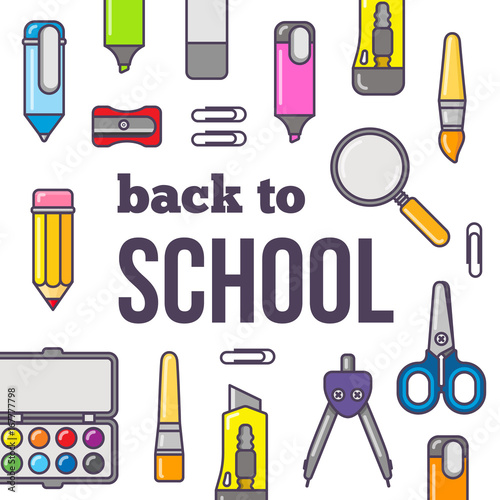 Vector illustration of back to school theme. School stationery icons on the white background and text.