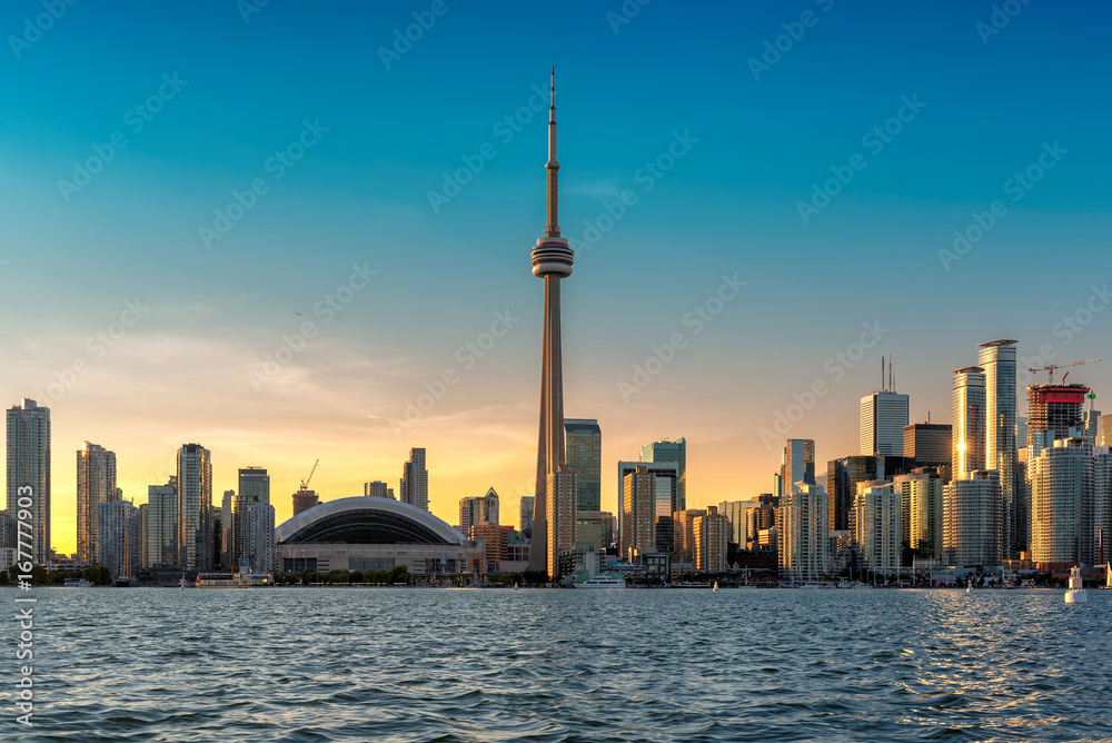 Beautiful Toronto skyline with CN Tower at Sunset - Toronto, Ontario, Canada.