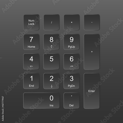 A set of buttons numerics, numbers keyboard, keypad in icon vector for mobile numbers, computer, PC, push buttons in dark Grey color background.