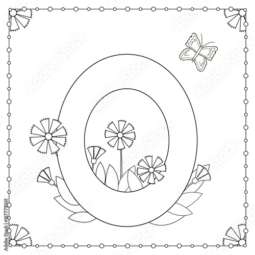  Numeral zero with flowers, leaves and butterfly.