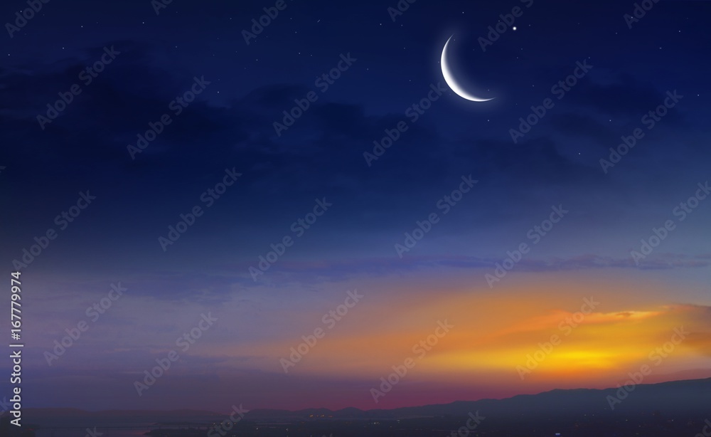 Muslim half moon and beautiful sunset . Sunset over the city . Moon and Sun . Light in dark sky . beautiful cloud . Ramadan background .