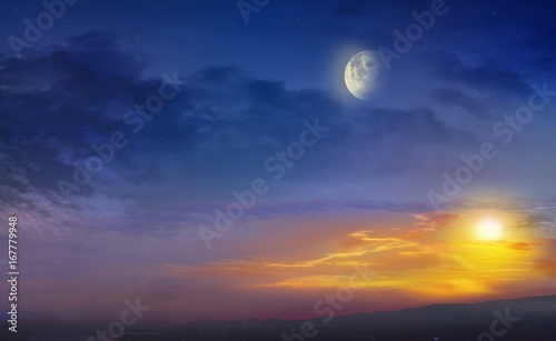 Mountain sunrise . Full moon . Mountain sunrise . Dramatic nature background . Religion background . Moon and Sun