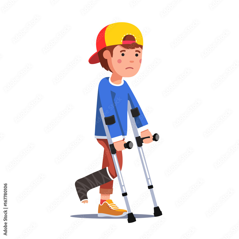 Boy with broken leg bandage walking using crutches