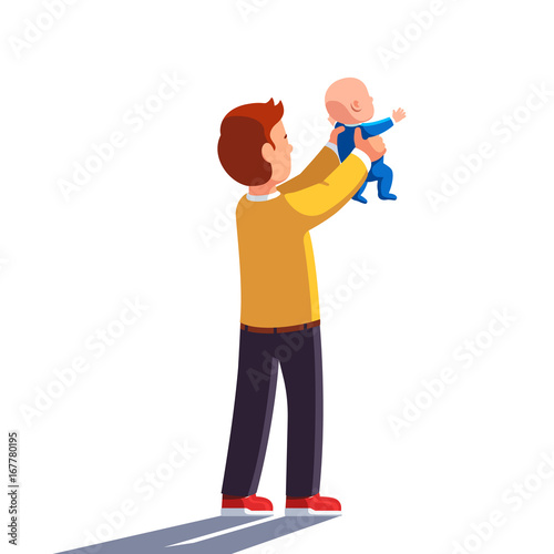 Dad holding baby son in both hands and raising him