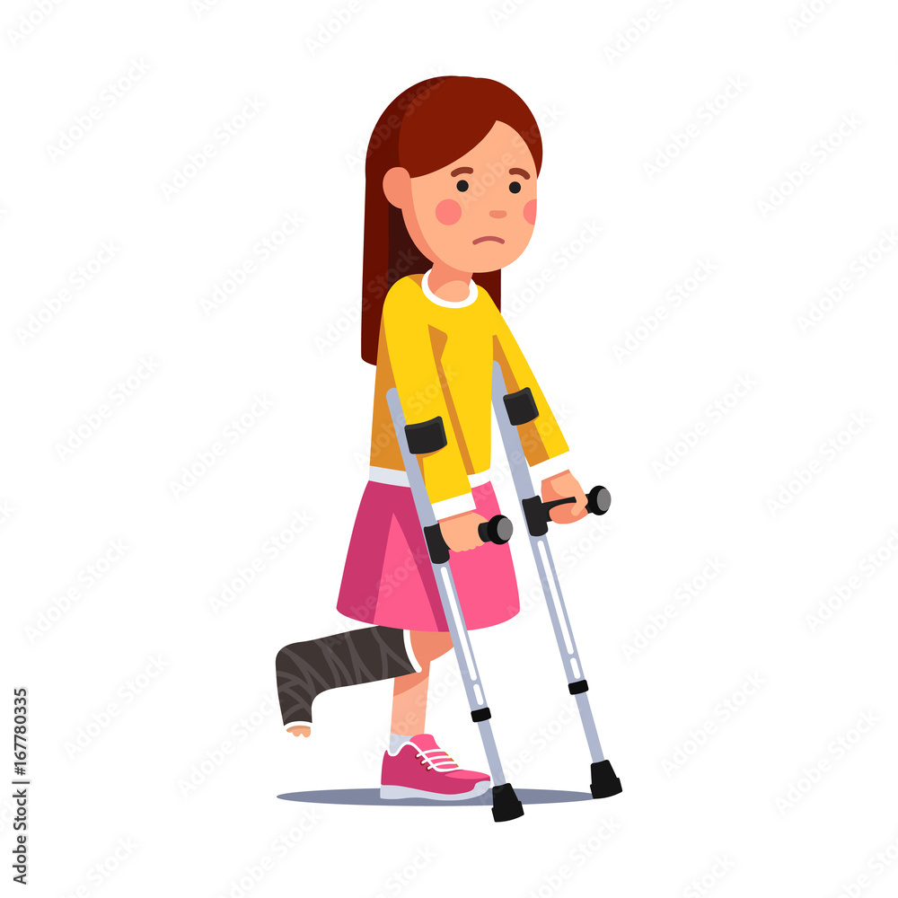 Girl with broken leg bandage walking with crutches Girl with broken leg bandage walking with crutches