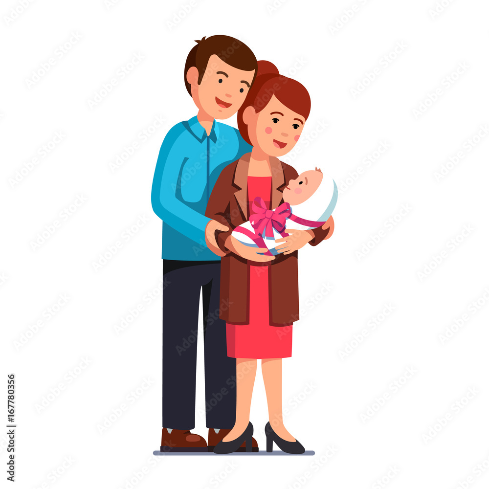 Parents mom, dad standing embracing newborn baby Parents mom, dad standing embracing newborn baby