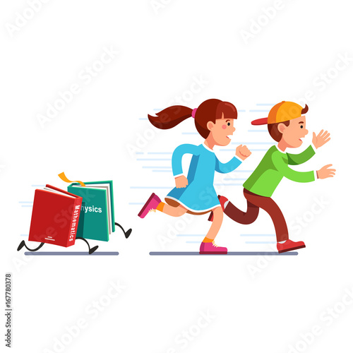 School students girl and boy running from books