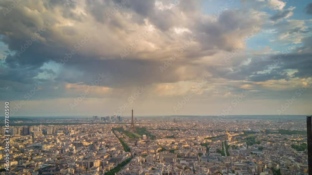 paris city famous eiffel tower sunrise aerial cityscape panorama 4k time lapse france
