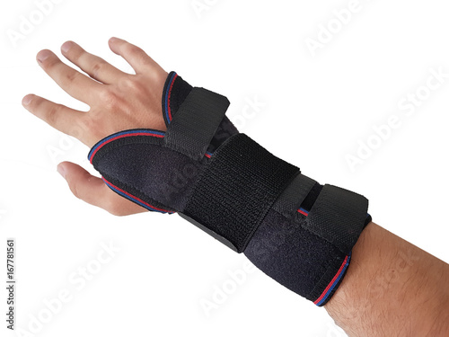 Black wrist splint for right hand male model. isolated on white background
