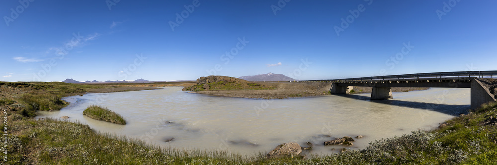 panorama, bridge over river ölfusa on Kjölur highland route interior F35 in Iceland 