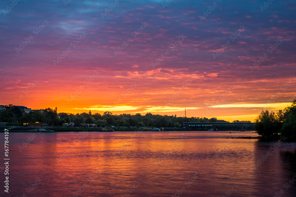 Sunset over the Vistula river in Warsaw, Poland