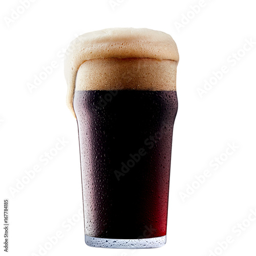 Mug of frosty dark beer with foam isolated on a white background photo